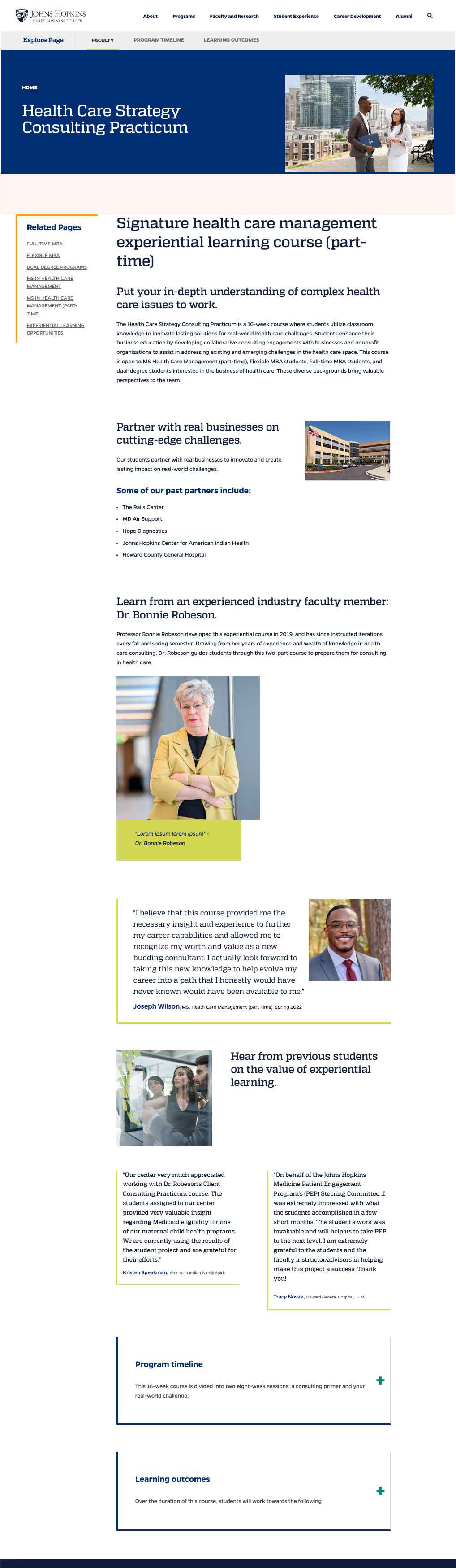 Screen shot of sample page from JHU Carey Business School website